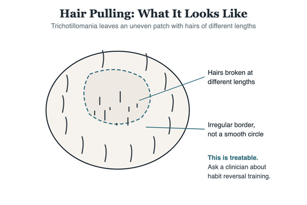 Illustration of an irregular patch of hair loss with hairs broken at different lengths